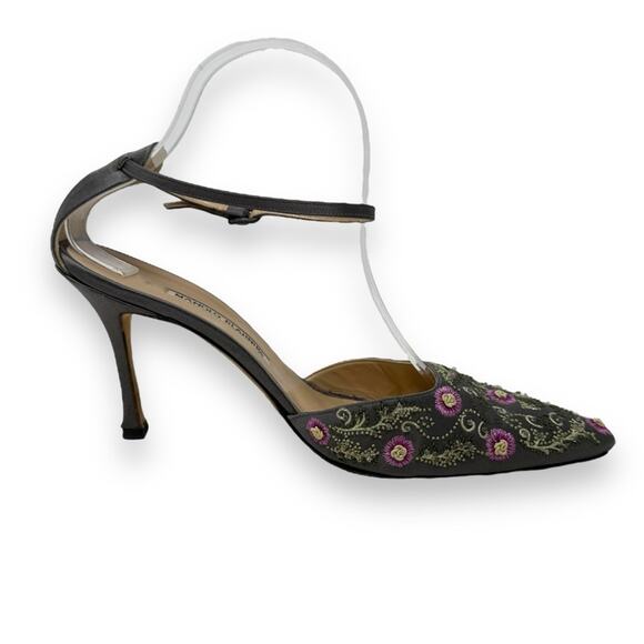 Manolo Blahnik Carolyne Vintage Gray Embroider Floral Slingback Kitten Heel 40.5 - Picture 7 of 13